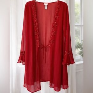 Vintage Lucie Ann red sheer robe sequins beads long sleeve ruffle cuffs S